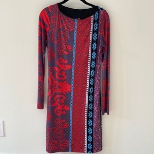 Analili boatneck vibrant casual print multicolor matte jersey lined dress M